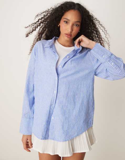 Gina Tricot - Camicia oversize in misto lana blu navy e bianca a righe - view 1