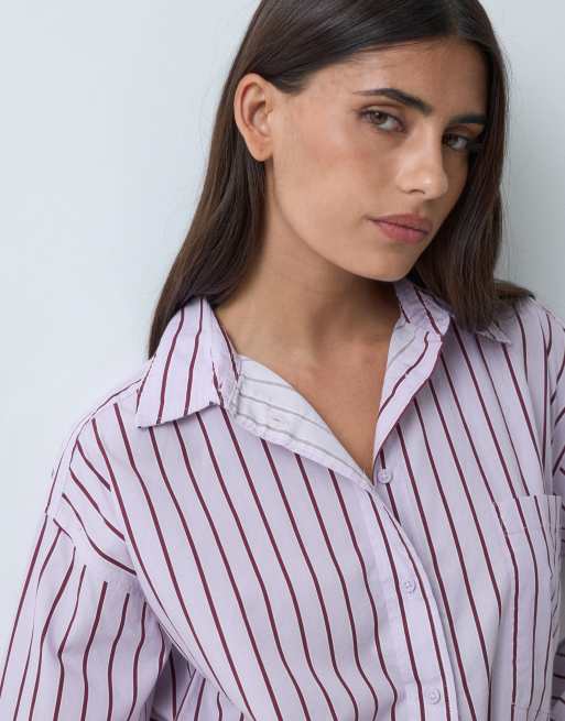 Gina Tricot camicia oversize in popeline a righe bordeaux e blu, 4 di 5