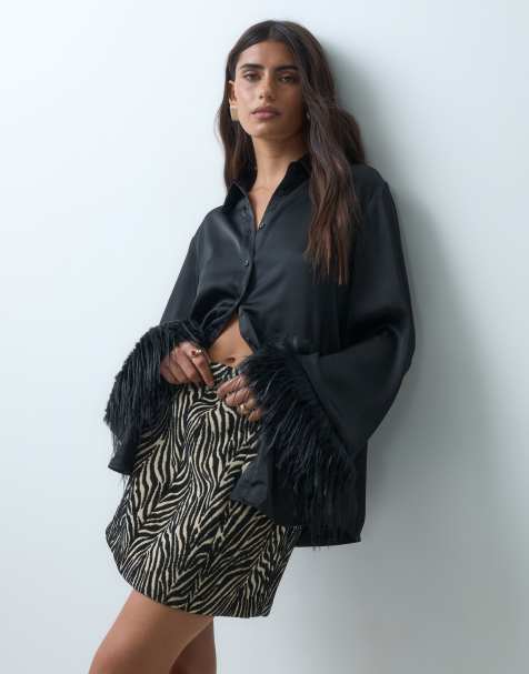 Gina Tricot camicia oversize in raso effetto peloso nera - view 1
