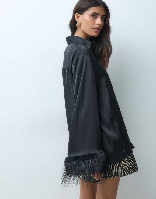 Gina Tricot camicia oversize in raso effetto peloso nera, 3 di 5