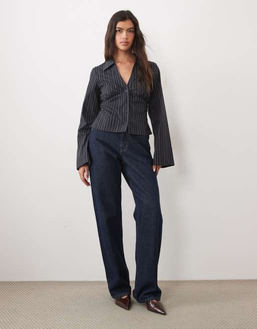 Gina Tricot camicia stile corsetto a righe sottili blu navy, 2 di 4