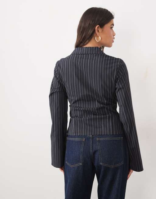 Gina Tricot camicia stile corsetto a righe sottili blu navy, 4 di 4