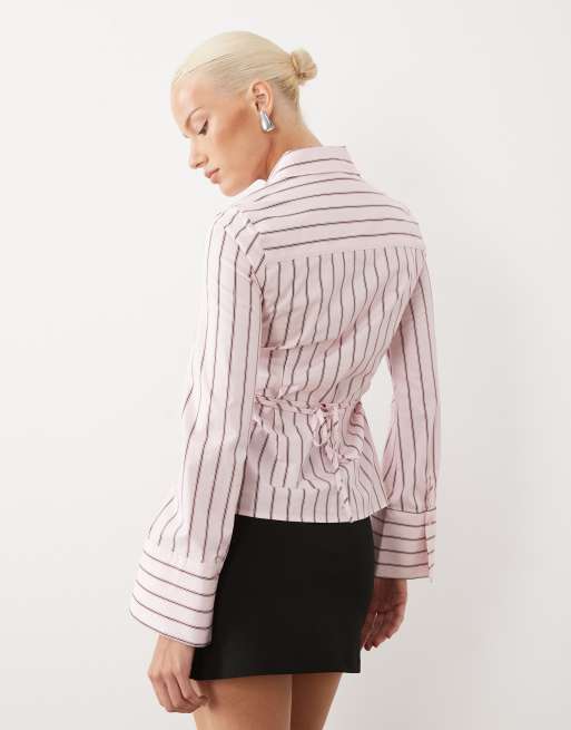 Gina Tricot camicia stretta in vita a righe rosa, 4 di 4