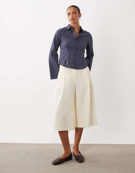 Gina Tricot camicia stretta in vita a righe sottili navy, 3 di 4