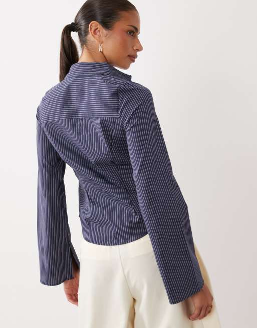 Gina Tricot camicia stretta in vita a righe sottili navy, 4 di 4