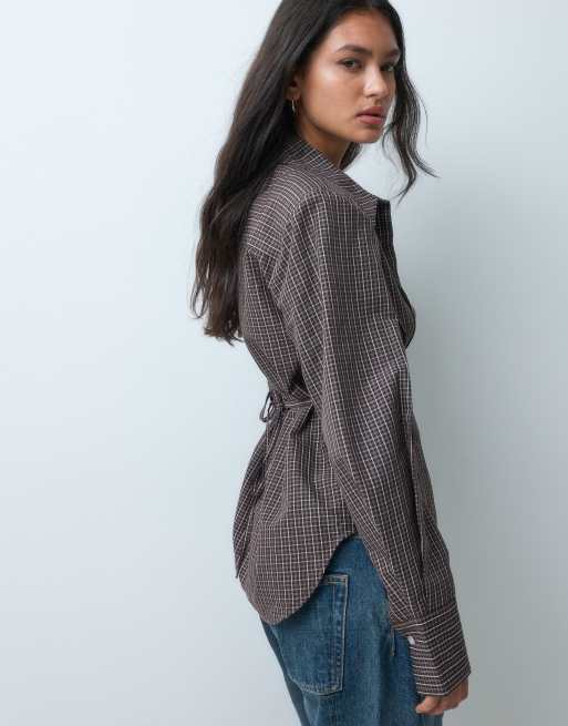 Gina Tricot camicia stringivita con spalline imbottite a quadri marroni, 2 di 5
