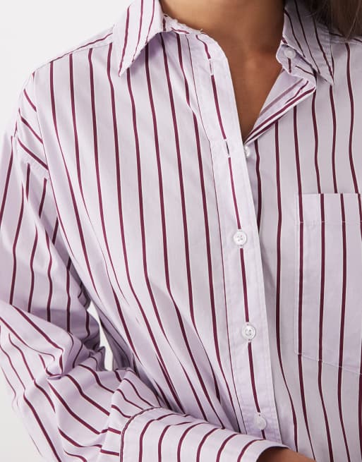 Gina Tricot - camisa oversize de popelina a rayas burdeos y rosas, 2 de 4