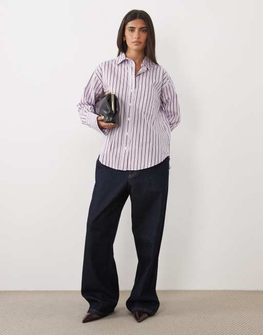 Gina Tricot - camisa oversize de popelina a rayas burdeos y rosas, 3 de 4