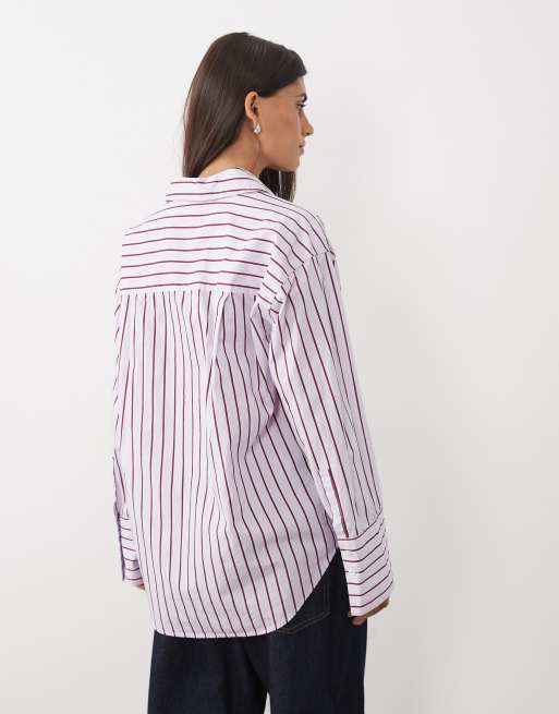 Gina Tricot - camisa oversize de popelina a rayas burdeos y rosas, 4 de 4