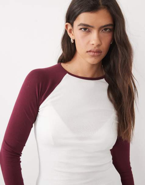 Gina Tricot camiseta de manga larga combinada en blanco y burdeos - view 1