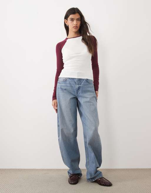 Gina Tricot camiseta de manga larga combinada en blanco y burdeos, 2 de 4