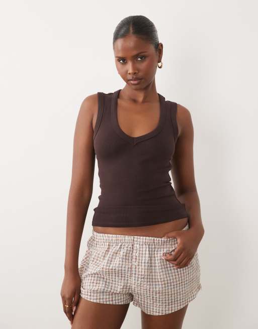 Gina Tricot canotta a coste con scollo a V in marrone cioccolato, 3 di 4