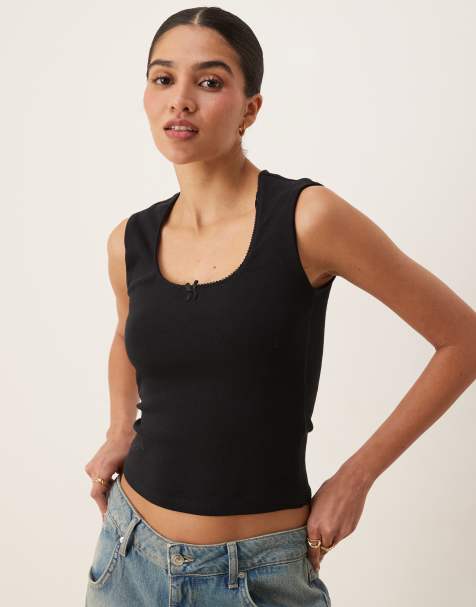 Gina Tricot - Canotta in cotone nera con bordi ricamati - view 1