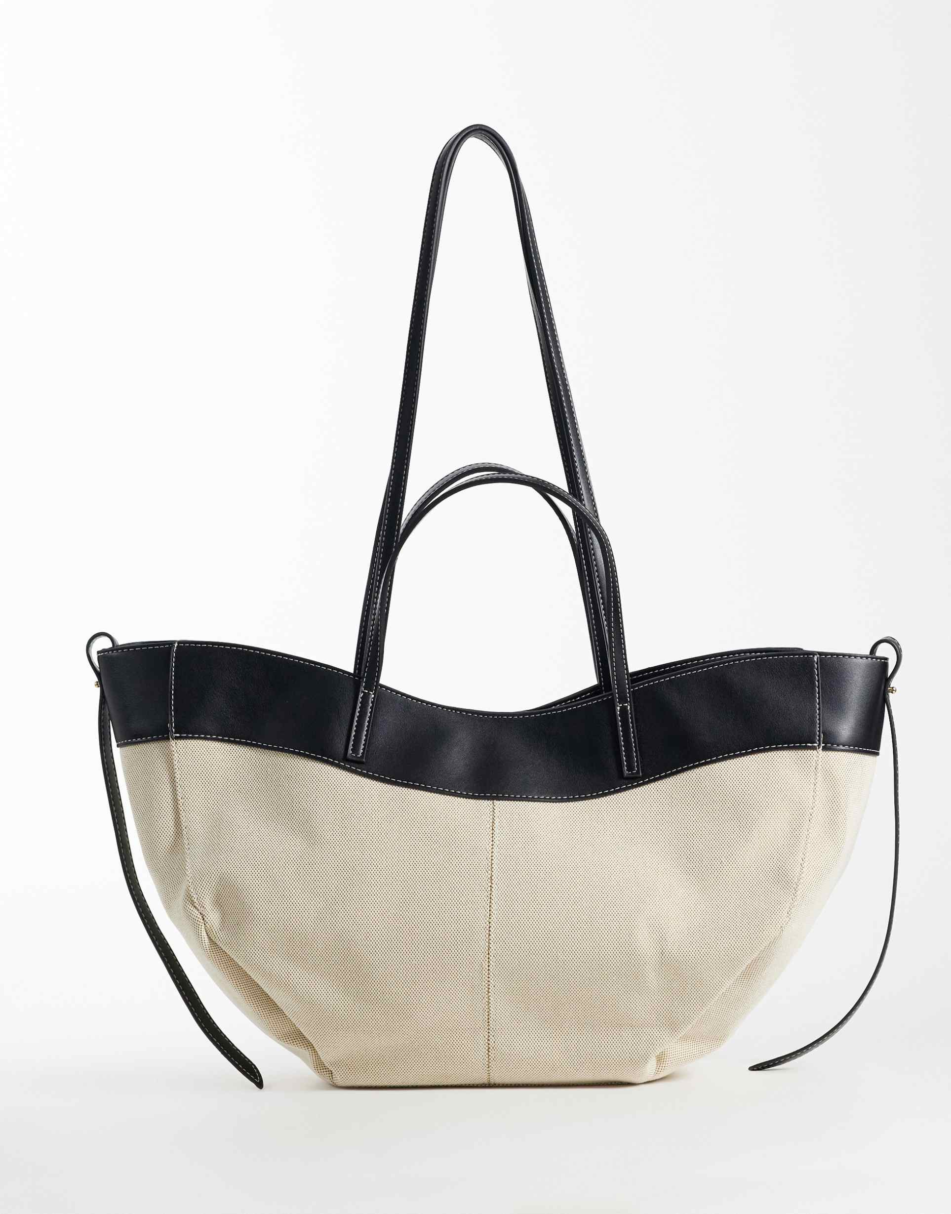 gina tricot canvas tote bag with faux leather trim in off white and black