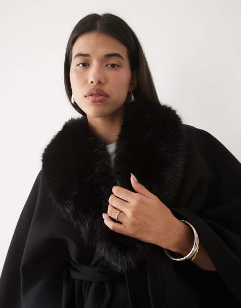 Gina Tricot cape à col en faux-fur avec ceinture noire - view 1