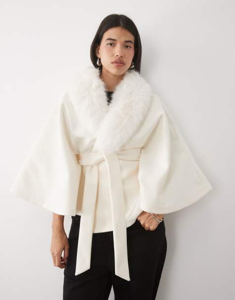 Gina Tricot cape med fuskpälskrage och skärp i krämfärg - view 1