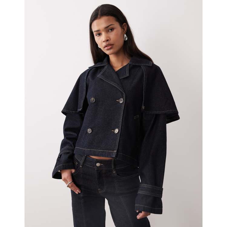 Gina Tricot cape short denim trench jacket in indigo rinse dark