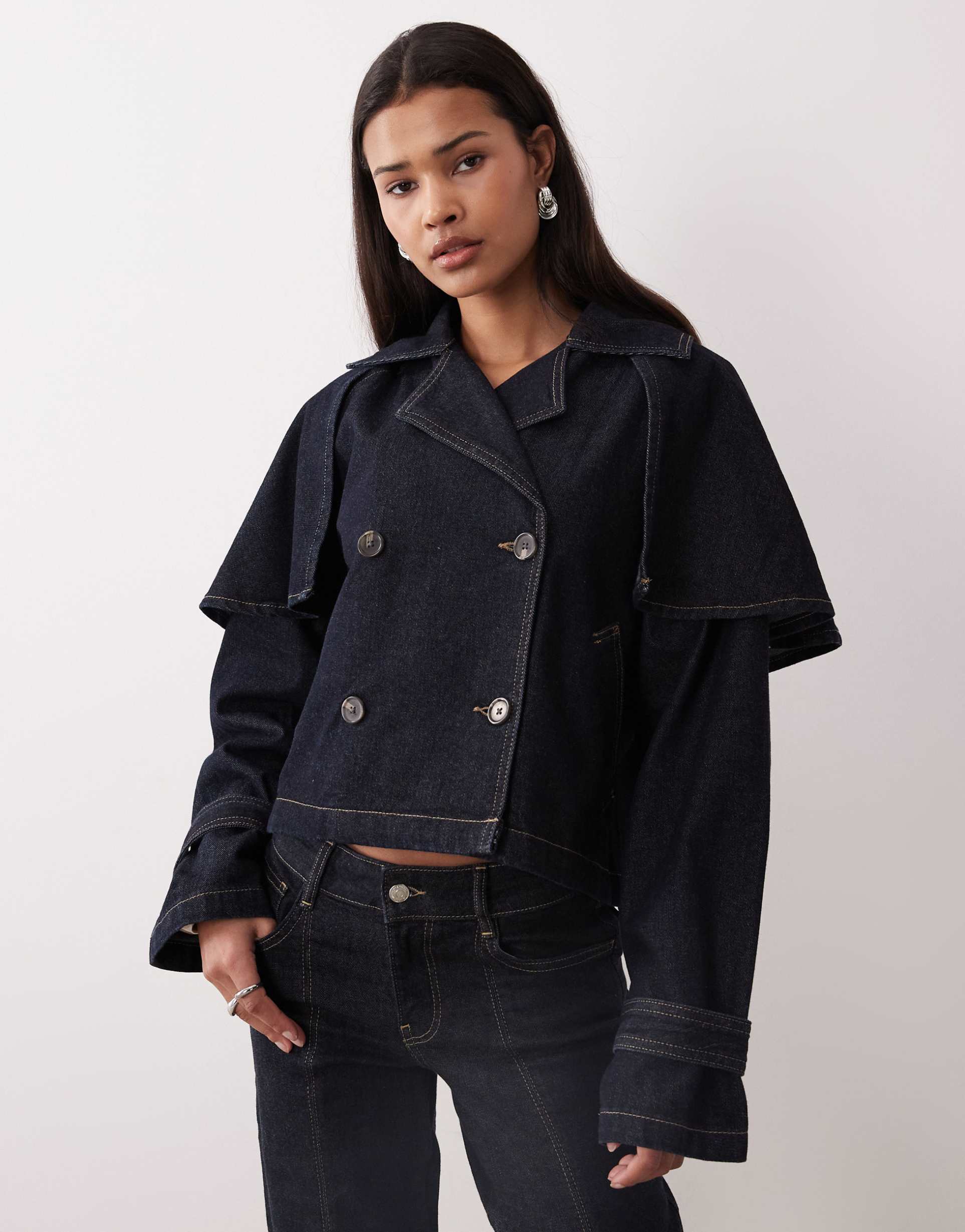 gina tricot cape short denim trench jacket in indigo rinse dark wash