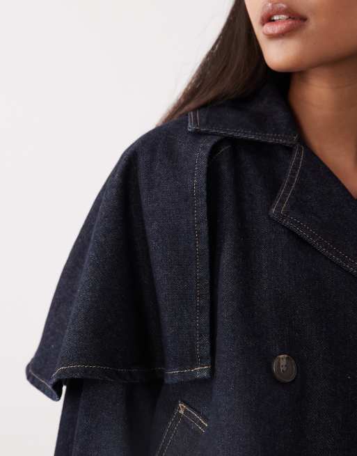 Gina Tricot cape short denim trench jacket in indigo rinse dark