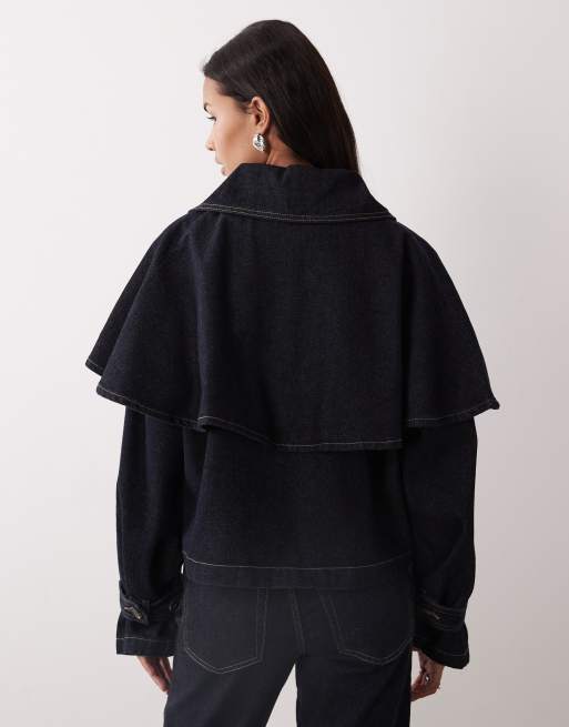 Gina Tricot cape short denim trench jacket in indigo rinse dark