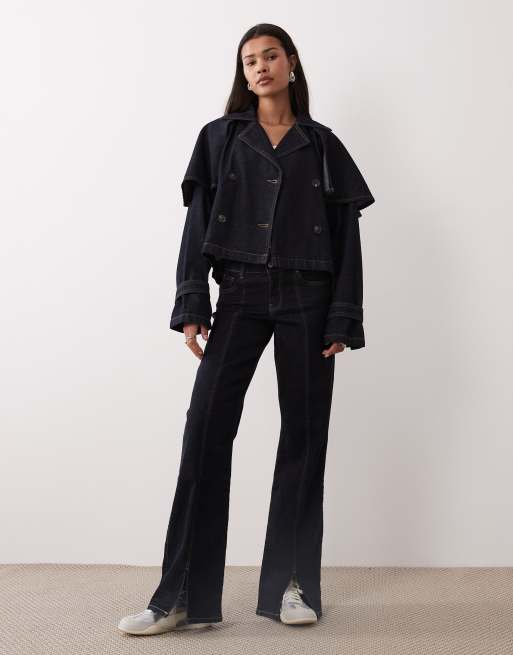 Gina Tricot cape short denim trench jacket in indigo rinse dark