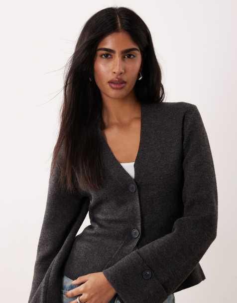 Gina Tricot - Cardigan a maniche lunghe in maglia strutturata grigio scuro mélange - view 1