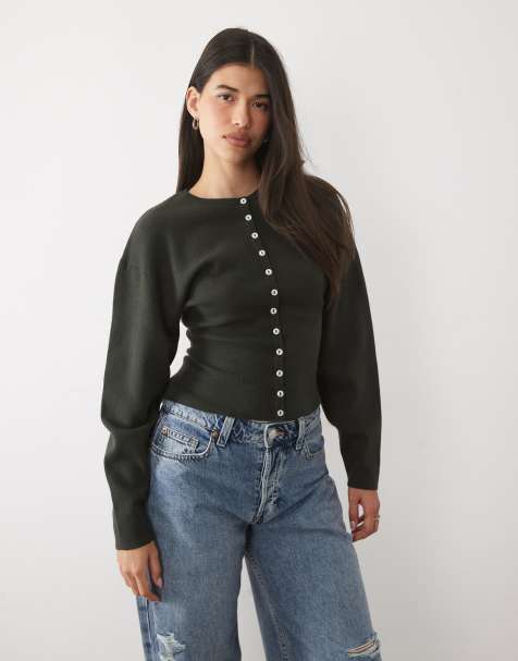 Gina Tricot cardigan aderente in maglia da casa verde scuro - view 1