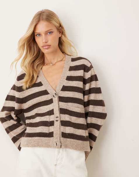 Gina Tricot - Cardigan comodo lavorato a righe beige e marroni con tasche - view 1