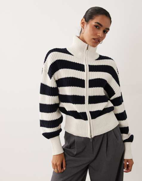 Gina Tricot - cárdigan de punto con cremallera y algodón en raya azul marino - view 1