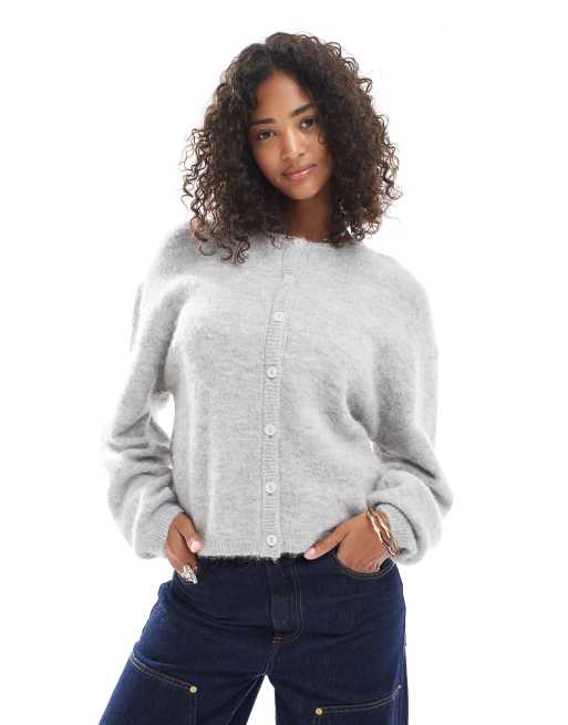 Gina Tricot - Cardigan girocollo lavorato in lana d'alpaca grigio chiaro mélange