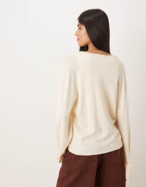 Gina Tricot - Cardigan in maglia giallo burro con maniche risvoltate e bottone singolo, 4 di 4