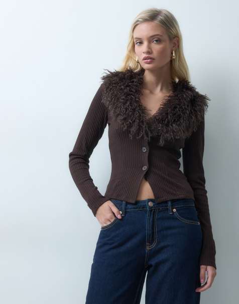 Gina Tricot cardigan med krave i imiteret pels i brun - view 1