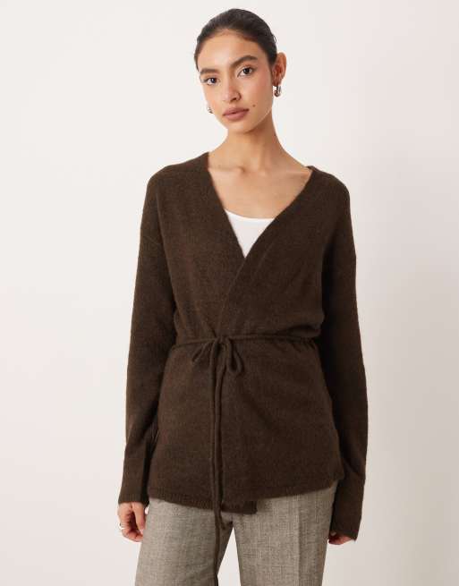 Gina Tricot - Cardigan taglio medio in maglia di lana e lana d'alpaca marrone con scollo a V