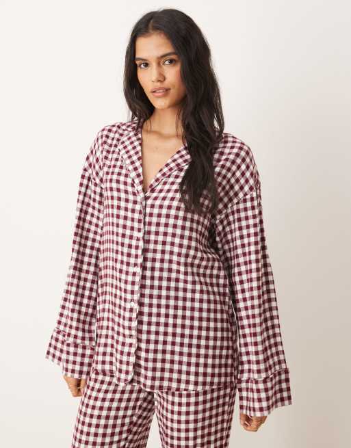 Gina Tricot - Chemise de pyjama manches longues en flanelle à carreaux vichy à assortir - Rouge et blanc