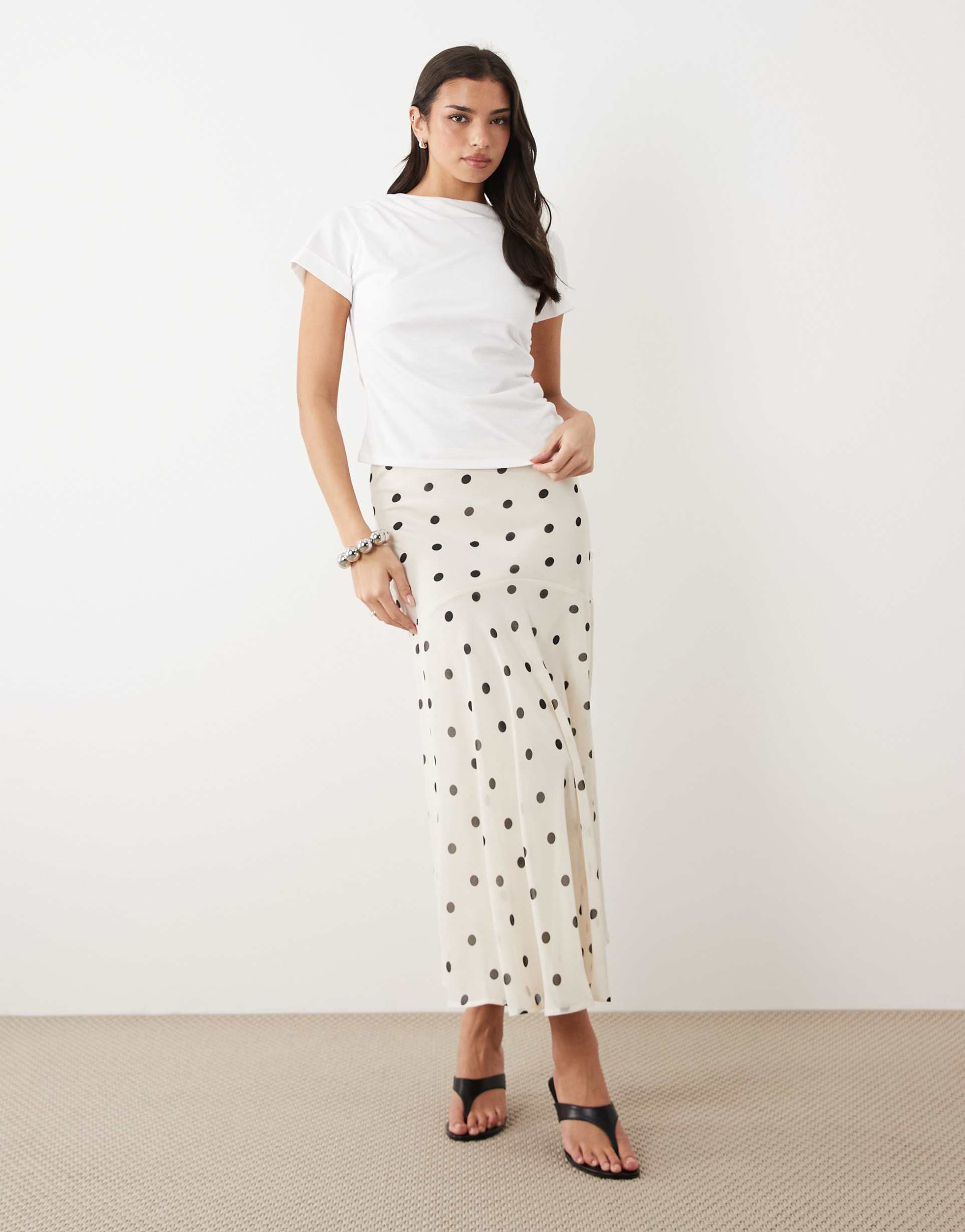 gina tricot chiffon maxi skirt in off white polka dot
