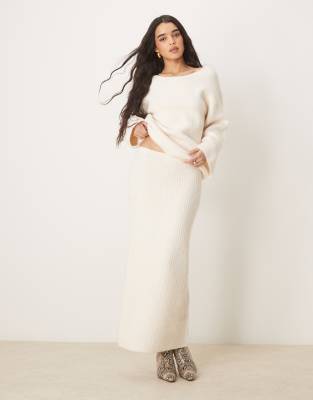 chunky rib knitted maxi skirt with side split in cream - part of a set-White