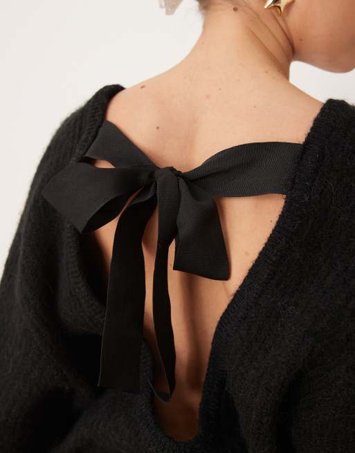 Gina Tricot chunky rib knitted sweater with tie back bow detail in