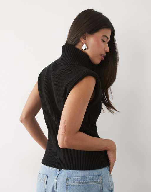 Gina Tricot chunky turtleneck knitted vest with wool in black, 4 of 4