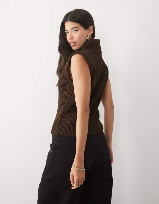 Gina Tricot chunky turtleneck knitted vest with wool in chocolate brown, 4 of 4