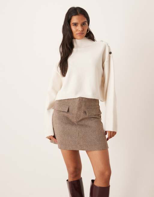 Gina Tricot – Ciemnobeżowa melanżowa elegancka spódnica mini z mechatym wykończeniem