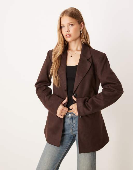 Gina Tricot – Ciemnobrązowa luźna marynarka z imitacji zamszu
