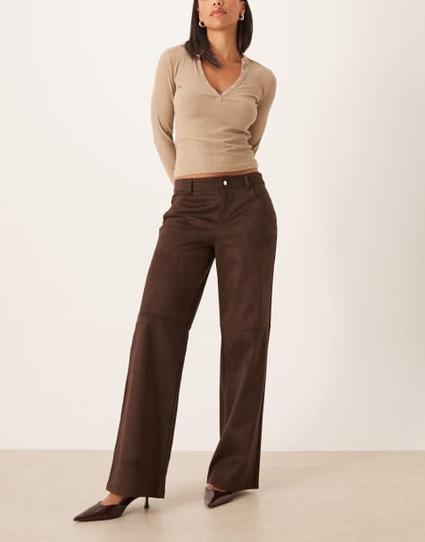 Gina Tricot faux suede mid waist trousers in dark brown