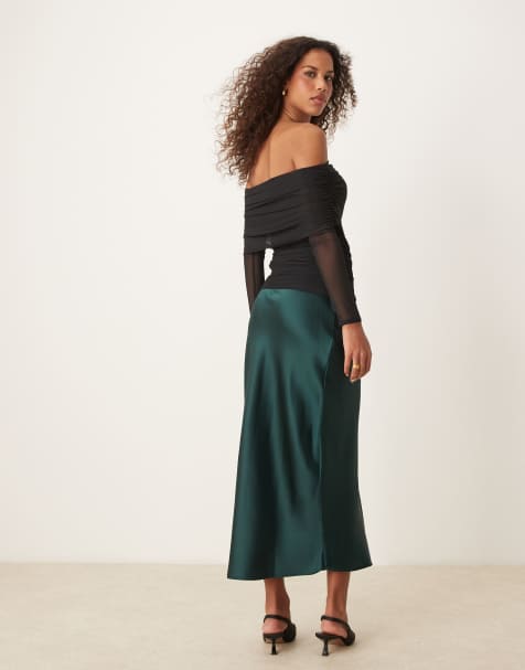 Gina Tricot satin midi skirt in dark green