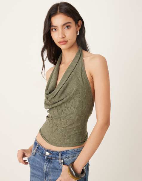 Gina Tricot pleated textured halterneck top with open tie up back in dark green