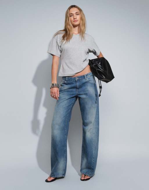 Gina Tricot cinched jeans with snap pockets in vintage blue wash, 1 of 5