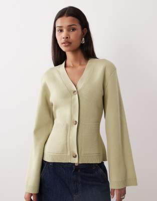 Gina Tricot Cinched Waist Cardigan In Green