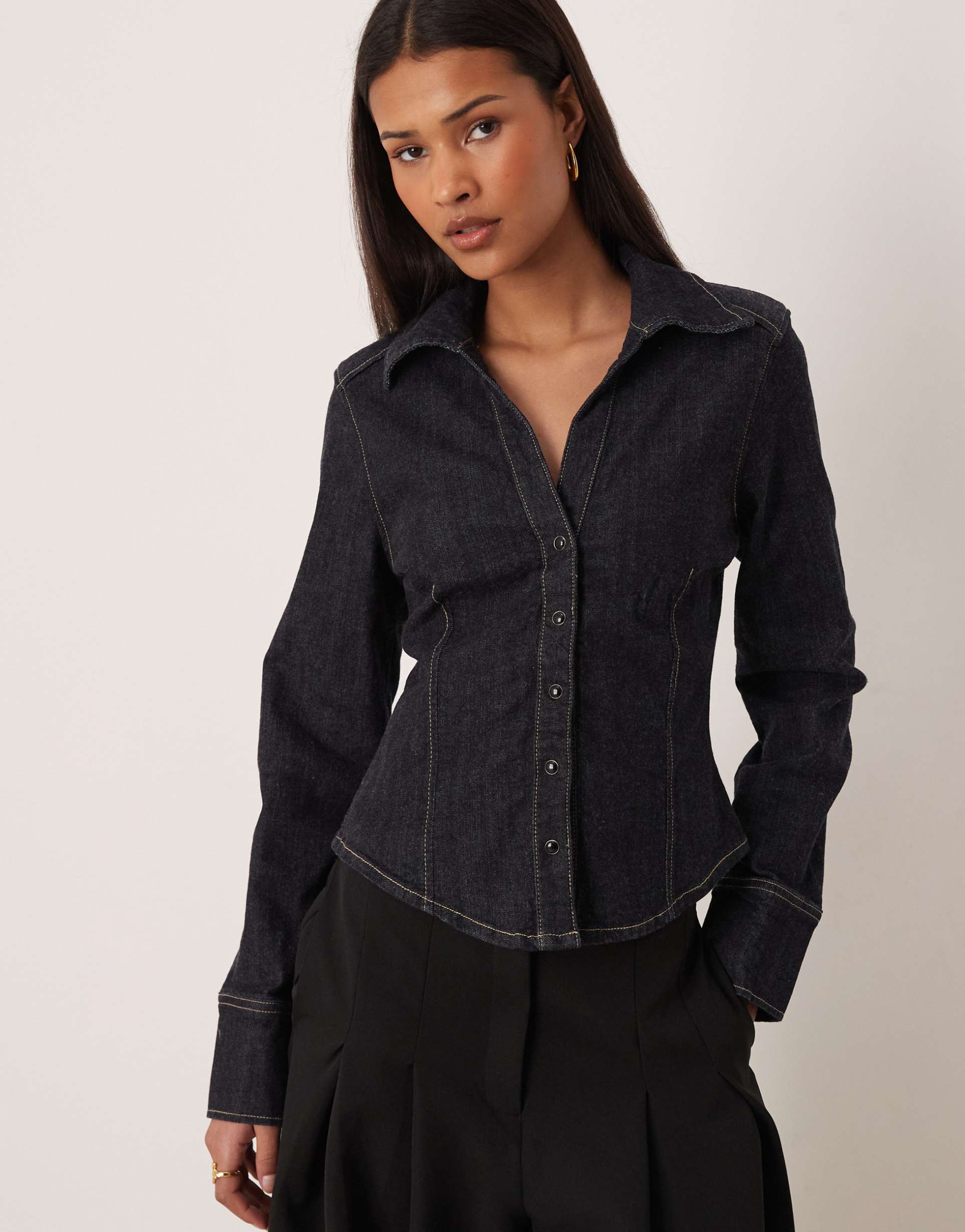 gina tricot cinched waist denim shirt in dark rinse blue