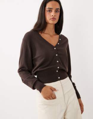 Gina Tricot Cinched Waist Fitted Cardigan In Brown