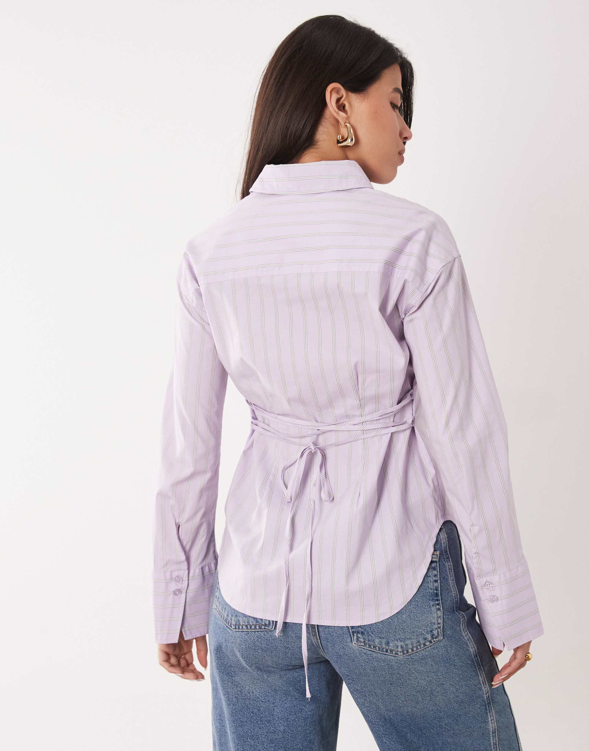 gina tricot cinched waist long sleeve blouse in purple stripe