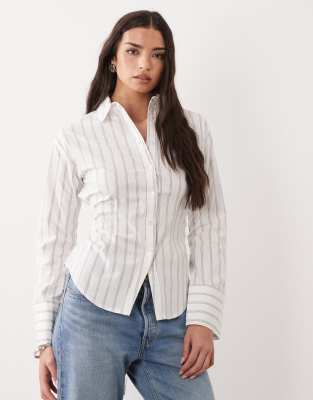 Gina Tricot cinched waist long sleeve blouse in white stripe